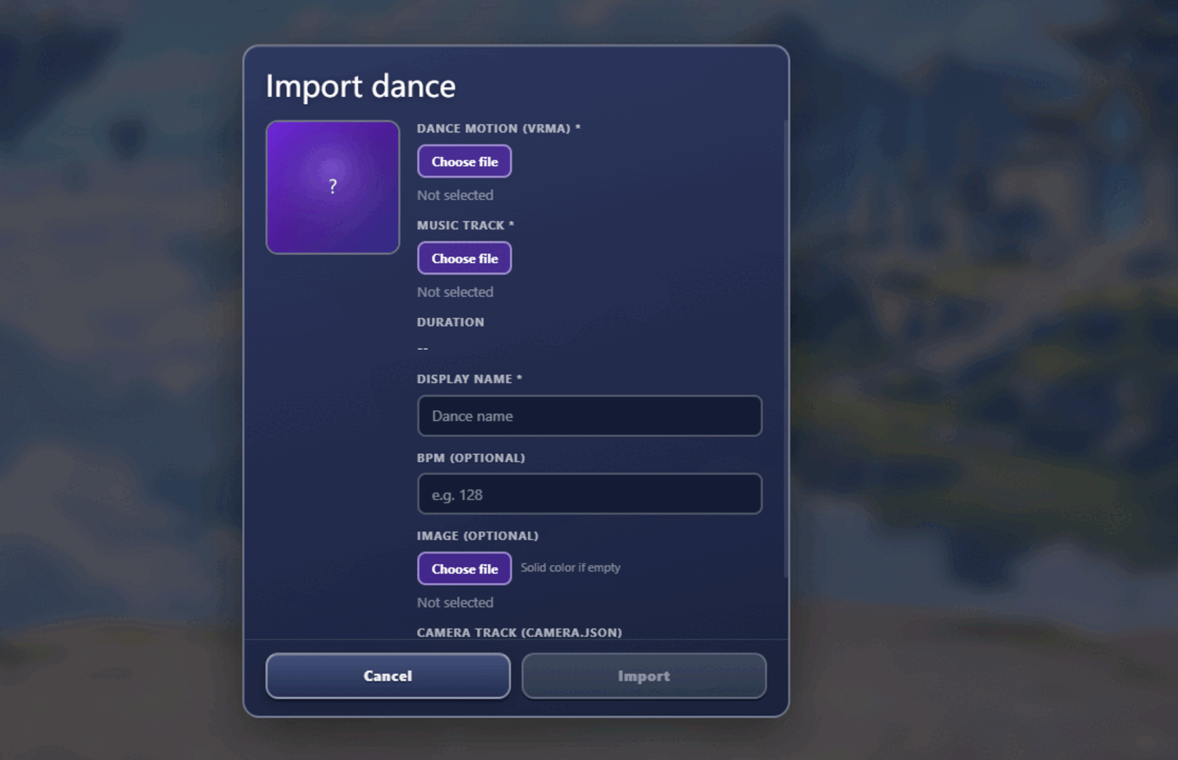 AniMate add dance dialog showing VRMA motion selection, music selection, and dance name input
