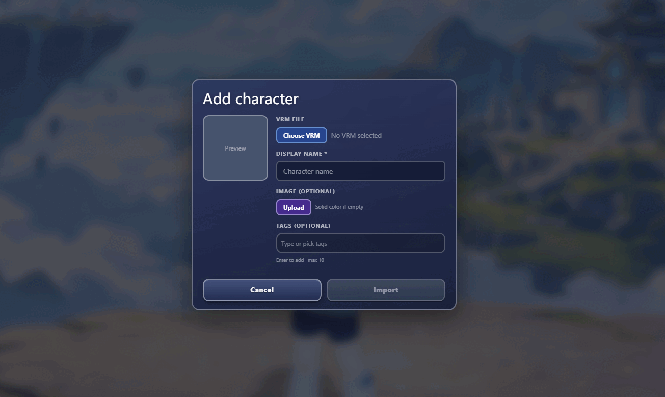 Add character dialog with the tag input area where tags can be typed and confirmed with Enter