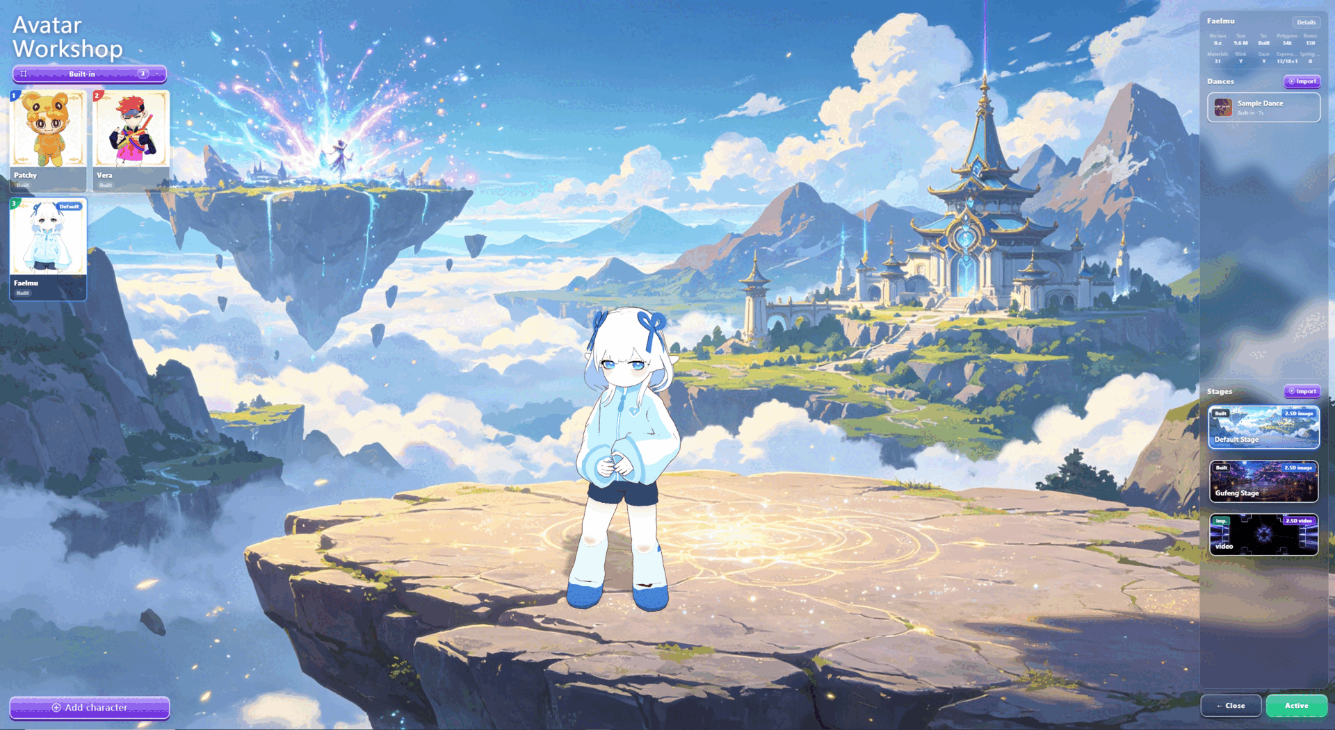 Avatar Workshop main screen with Add character in the lower-left and Active status in the lower-right
