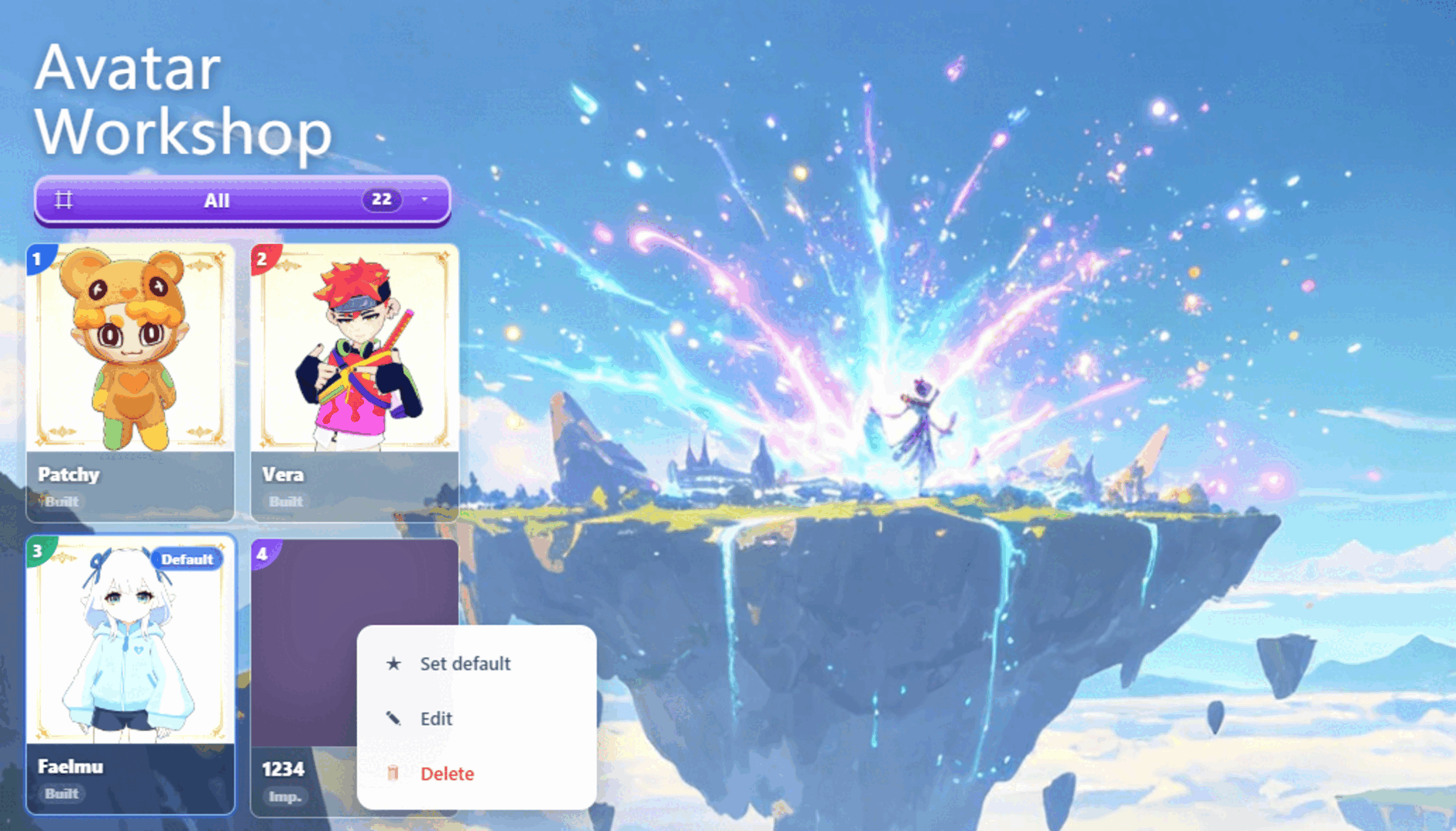 Right-clicking an avatar card in Avatar Workshop to edit name, thumbnail, and tags