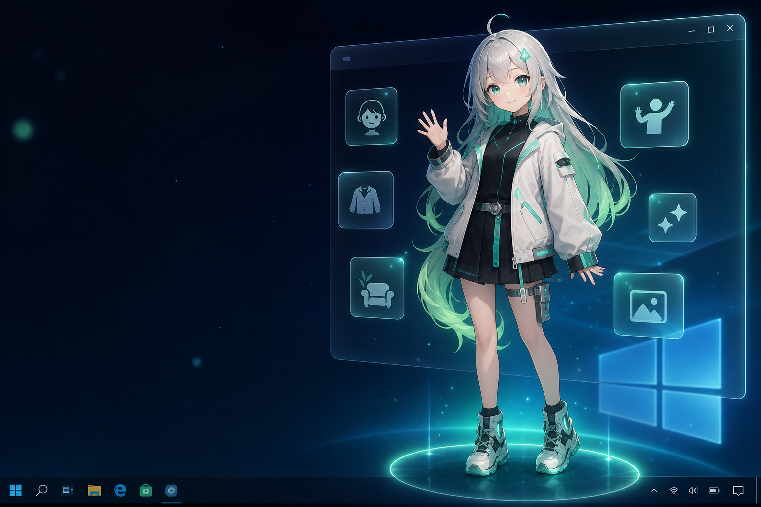 萌灵桌面伴侣概念图 — VRM 角色在桌面环境中互动