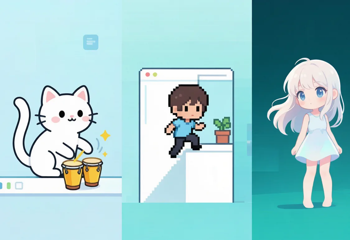Desktop pet comparison: Bongo Cat, Shimeji, and 3D companion side by side