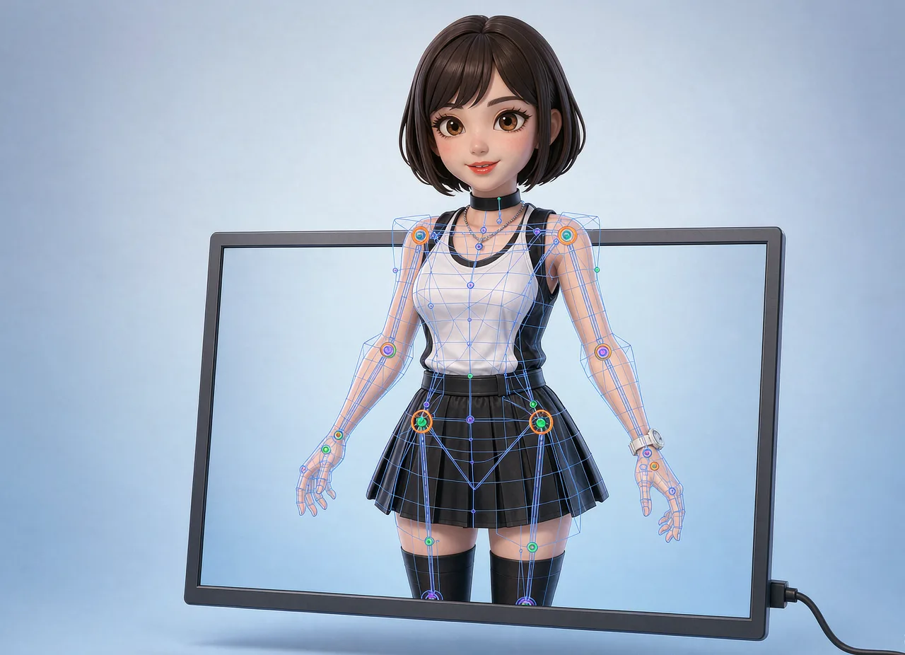 A 3D anime-style avatar standing in front of a monitor with her bone rig and wireframe visible, illustrating what is inside a VRM model file
