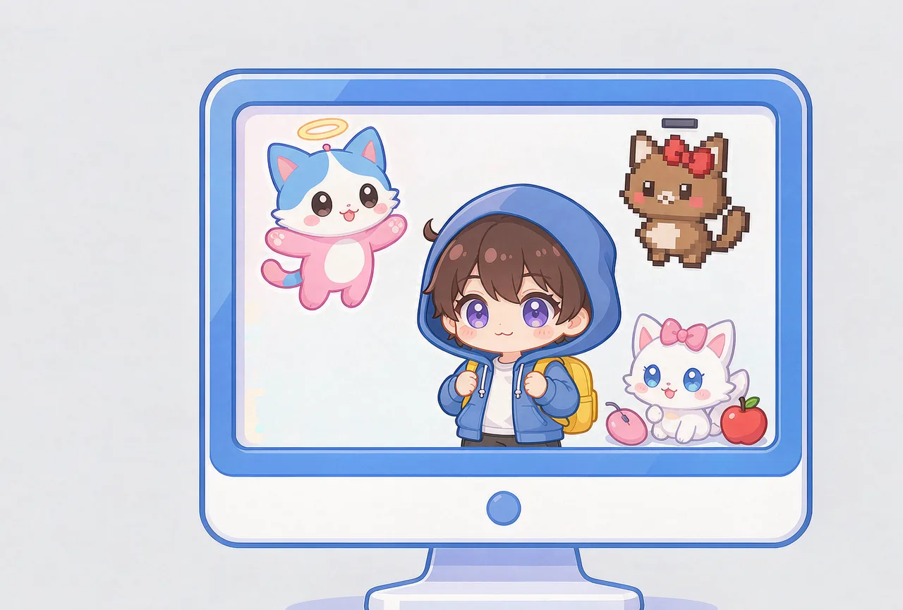 A computer screen hosting a chibi character and three desktop pets in different styles: a 3D cat, a pixel cat, and an anime kitten